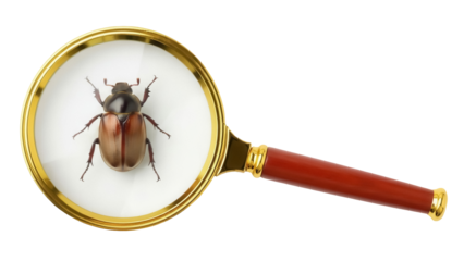 May bug under magnifying glass isolated PNG, close-up of a brown beetle for entomology studies and educational resources
