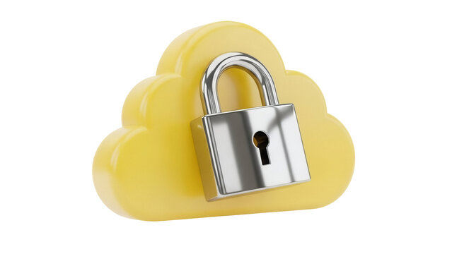 Yellow cloud with silver padlock isolated PNG, secure cloud storage concept for data protection and cybersecurity on transparent background - Powered by Adobe