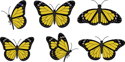 Stylized butterfly illustrations with yellow wings, black borders, and decorative white and purple spots for nature, design, art, and educational projects