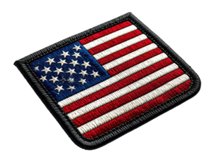 Embroidered patch displaying stars & stripes of a nation's flag, square shape with rounded corners