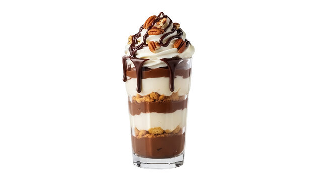 Delicious chocolate parfait with whipped cream and nuts isolated PNG, layered dessert in glass on transparent background