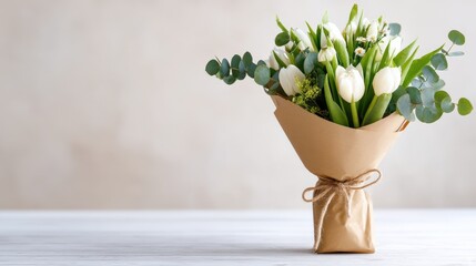 Elegant bouquet of white tulips and greenery wrapped in brown paper, set against a soft neutral background with ample copy space for text or design elements