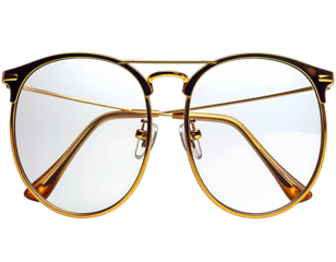 Close-up of gold-rimmed, clear-lensed spectacles with tortoiseshell accents on a stark black background