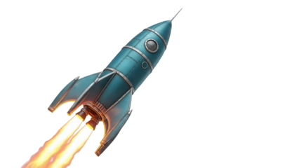 Retro blue rocket ship taking off isolated PNG, vintage space vehicle with flames on transparent background, science fiction concept