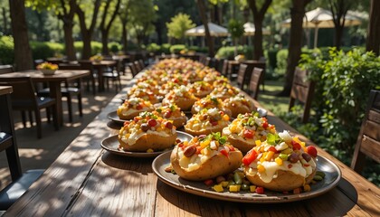   
 
Luxury food photography of famous Turkish Kumpir, multiple serving trays filled with stuffed baked potatoes arranged on a long wooden table, fluffy potato mixed with butter and melted cheese, top