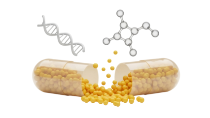 Open capsule with yellow granules isolated PNG, medicine and health concept with DNA and molecule structures on transparent background