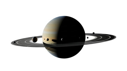 Saturn with rings and moons isolated PNG, a gas giant planet with a complex ring system on transparent background for space exploration © Jn