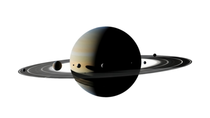 Saturn with rings and moons isolated PNG, a gas giant planet with a complex ring system on transparent background for space exploration