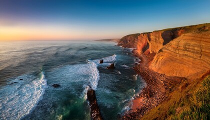 Coastal Cliff With Multi Colored Eroded Rock Formations And Crystal Clear Waves At Sunset