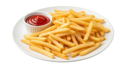 Golden french fries with ketchup isolated PNG, classic fast food side dish on transparent background for restaurant menu and takeout