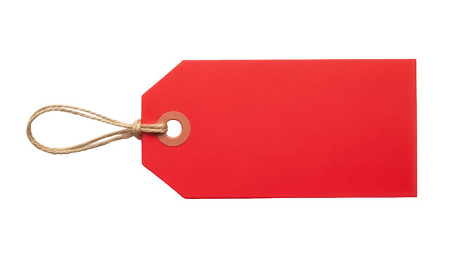 Red paper tag with string isolated PNG, blank price label for retail sale and product identification on transparent background