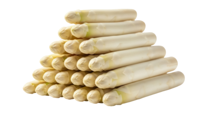 Pile of fresh white asparagus spears isolated PNG on transparent background, gourmet vegetable for healthy eating and fine dining