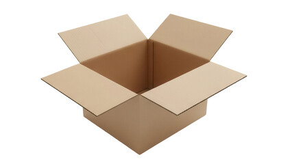 Open brown cardboard box PNG isolated on transparent background, empty container for shipping and storage, packaging material