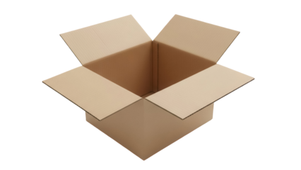 Open brown cardboard box PNG isolated on transparent background, empty container for shipping and storage, packaging material