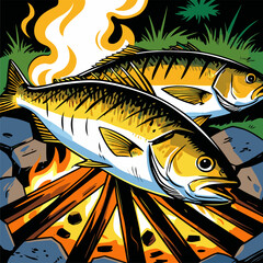 Fototapeta premium vector image of grilled fish cooked on a campfire