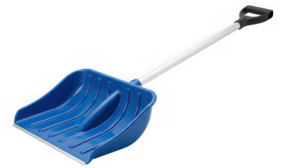 Blue plastic snow shovel with white handle isolated on transparent background