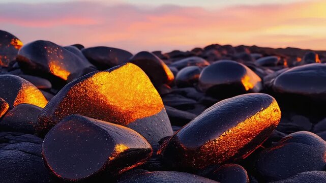 Black volcanic glass reflecting sunset glow, cinematic texture focus