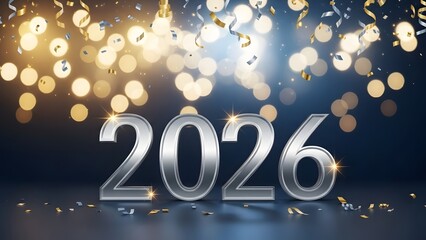 Shining silver three dimensional numerals spelling out year two thousand twenty six standing on reflective surface with confetti and bokeh lights background for festive season