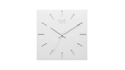 Modern square wall clock showing ten past ten isolated PNG, minimalist design on transparent background for interior decor and timekeeping