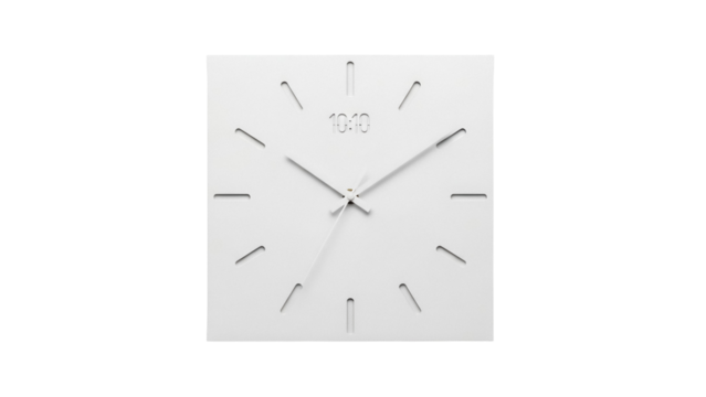 Modern square wall clock showing ten past ten isolated PNG, minimalist design on transparent background for interior decor and timekeeping - Powered by Adobe