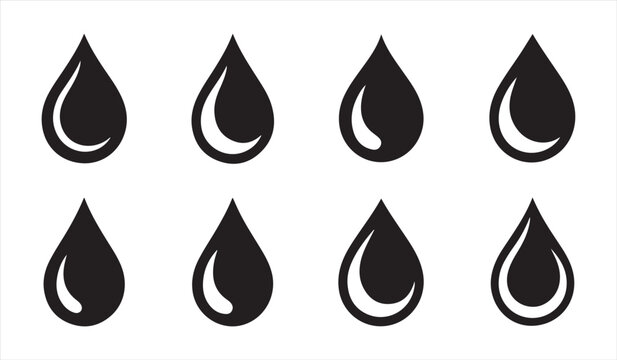 Black water drop symbols showing various shiny highlight styles isolated on white