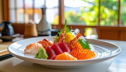 Sashimi and sushi Japanese food set. Salmon, Ikura, wasabi, fish, shrimp and tuna in a Japanese restaurant.