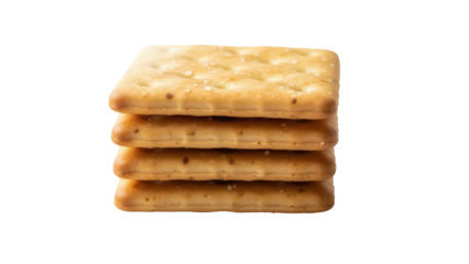 Stack of four square crackers isolated PNG, crispy baked snack with salt for appetizers and healthy eating on transparent background