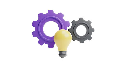 3D Lightbulb and gears concept for idea generation and teamwork on transparent background
