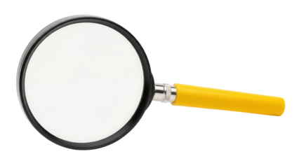 Magnifying glass with yellow handle isolated PNG, search tool for investigation and exploration on transparent background