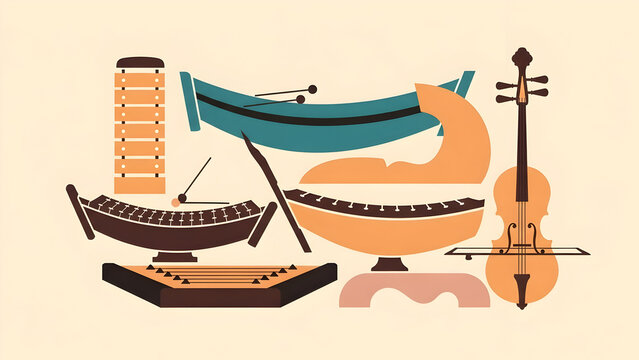 Assortment of classic Thai music instruments on cream background