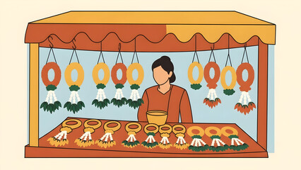 Thai woman selling handmade flower garlands at a stall