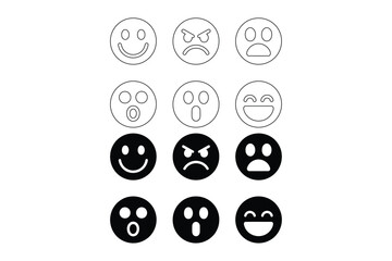 Emoticon face set with various expressions in line and solid style