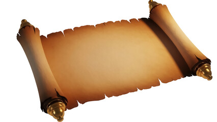 Old paper scroll PNG isolated on transparent background, ancient parchment with golden caps for historical documents and treasure maps