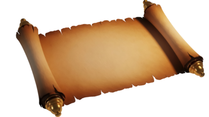 Old paper scroll PNG isolated on transparent background, ancient parchment with golden caps for historical documents and treasure maps