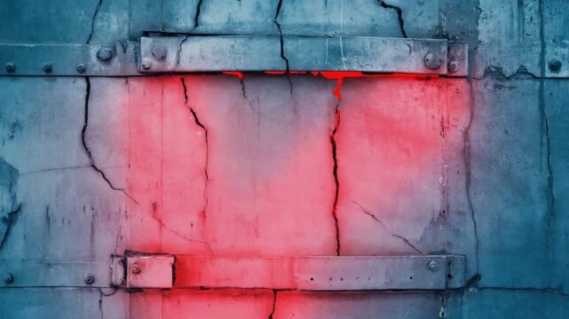 Cracked metallic wall with red light leak, cinematic industrial tone with photoreal edge