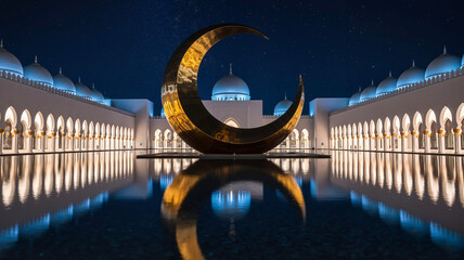 Giant metal golden crescent sculpture reflecting in water at night  