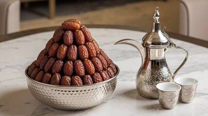 Silver bowl filled with dates arranged in pyramid shape  