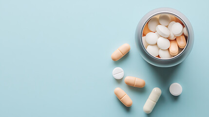 Pills spilling from container, a mix of white and peach hues on a tranquil blue background. Health, care, and medical concepts in a serene and minimalist presentation.
