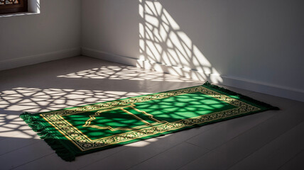 Green silk prayer rug in room with geometric shadows on floor  