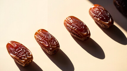 Assorted decorative dates arranged in a row on a light background  