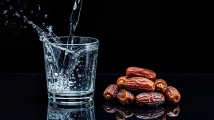 Crystal clear glass with water and small pile of dates  