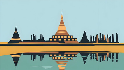Obraz premium Traditional temple architecture reflecting on calm water surface