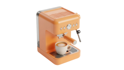 Retro orange espresso machine with cup isolated PNG, vintage style coffee maker for home brewing on transparent background
