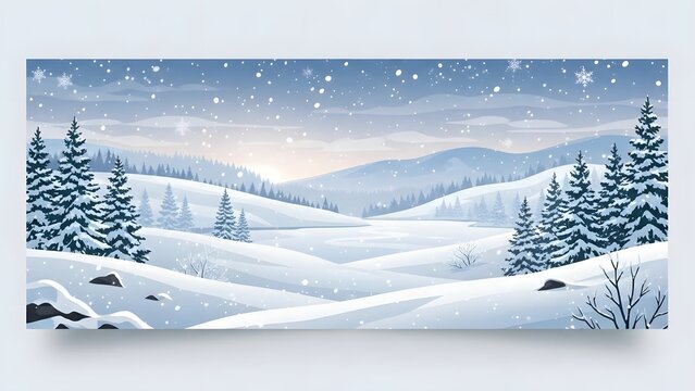 Snowy winter landscape with pine trees and mountains during sunset while snow falls on hills and valley under cloudy sky creating serene holiday atmosphere for seasonal greeting cards - Powered by Adobe