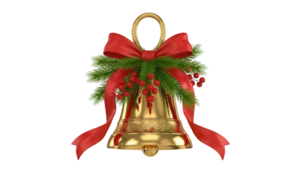 Golden Christmas bell with red bow and berries isolated PNG, festive holiday decoration on transparent background for graphic design