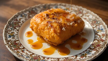  
Golden crispy Luqaimat drizzled with date syrup, served on a traditional plate, soft shadows, warm tones, Middle Eastern dessert photography, high realism
 
 