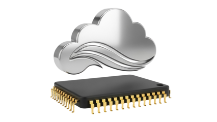 Cloud computing concept with microchip PNG isolated on transparent background, modern technology and data storage for digital business