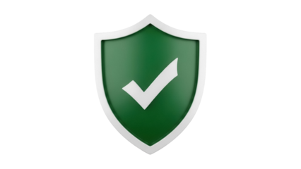 Green shield with check mark isolated PNG, security and protection symbol on transparent background for graphic design and web use