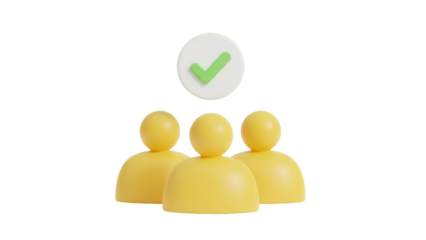 Yellow 3D people icons with green checkmark isolated PNG, teamwork concept for successful collaboration and project completion on transparent background