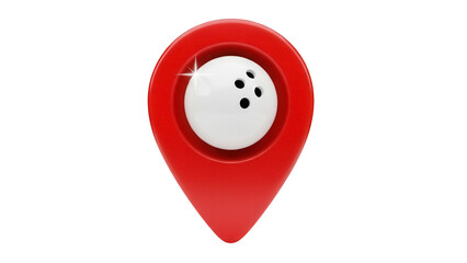Red location pin with bowling ball isolated PNG, map pointer for bowling alley or sports venue on transparent background